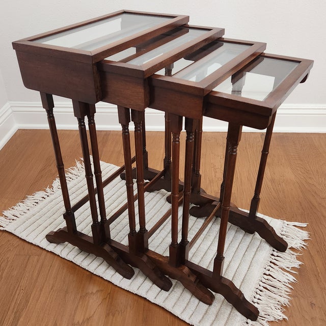 Brandt Vintage Brandt Furniture, Four Glass Top Nesting Tables (A Quartetto), Antique Mahogany Finish For Sale - Image 4 of 16