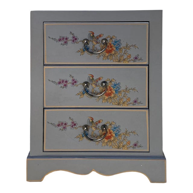 Chinese Mid Gray Vinyl Flower Birds 3 Drawers End Table Nightstand For Sale