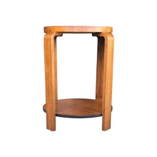 1930s French Art Deco Walnut Side Table With Sculptural Architectural Base- Fully Restored, Open Shelf For Sale - Image 15 of 15