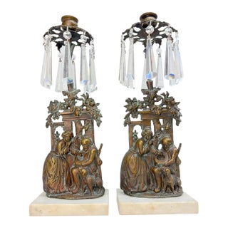 Pair of Antique Ornate Figural Brass Marble Crystal Girandole Candle Holders For Sale