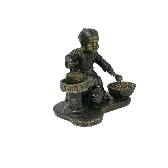 Asian Vintage Bronze Color Metal Old Style Dressing Kid Grinding Pose Statue For Sale - Image 3 of 13