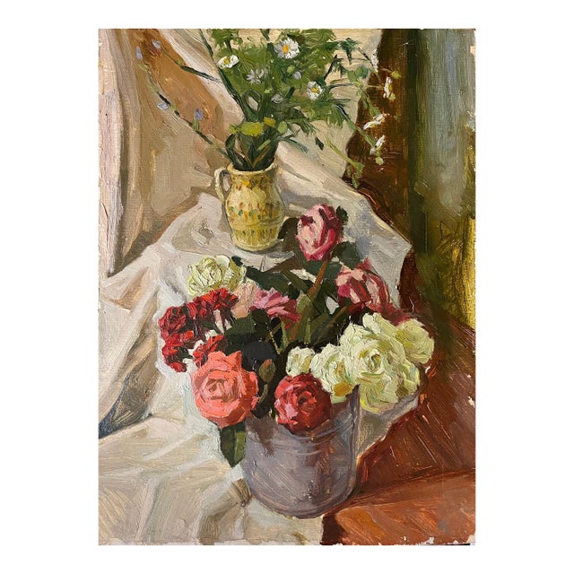 Floral Still Life Painting, Antique Soviet Art, Ukrainian Artist 67,5-50 For Sale
