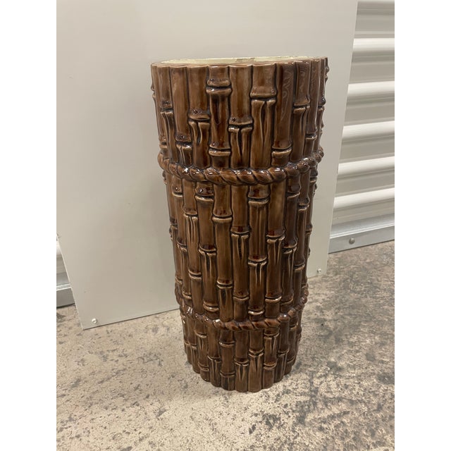 Hollywood Regency Large Ceramic Faux Bamboo Umbrellas Stand For Sale - Image 3 of 6