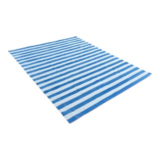Handwoven Cotton Rug, Vegetable Dyed Sky Blue, Cream and Orange Striped Dhurrie - 8'x10' For Sale