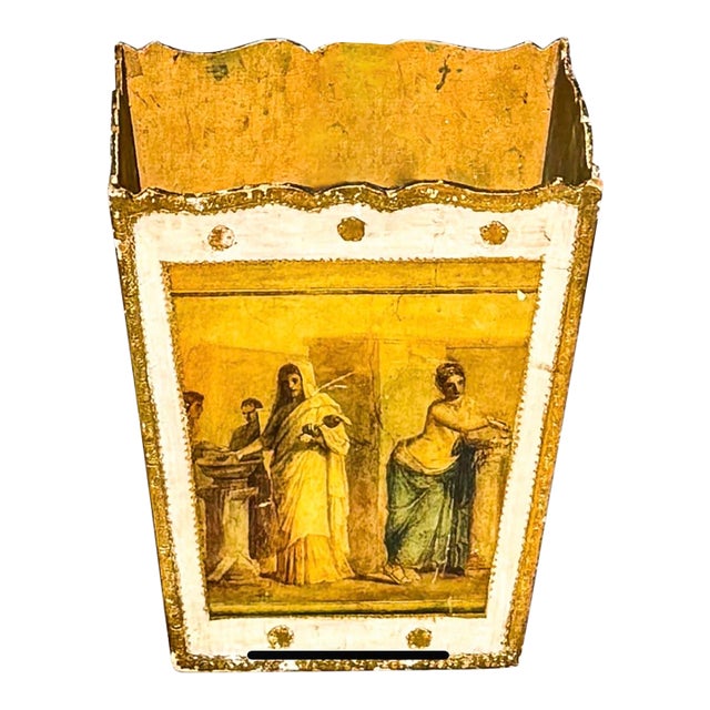 Florentine Wood Waste Basket, Vintage Style Small Bathroom Decorative Trash Can For Sale
