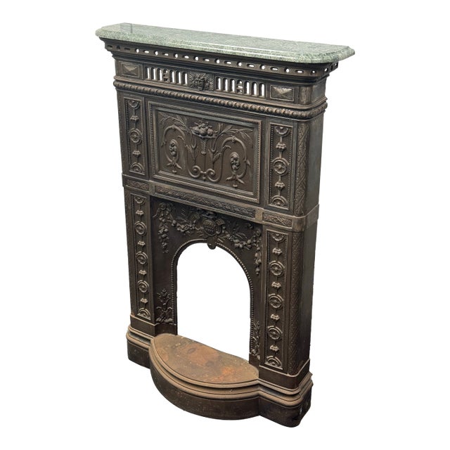 Victorian Cast Iron Fireplace Surround + Green Stone Top, 19th Century For Sale