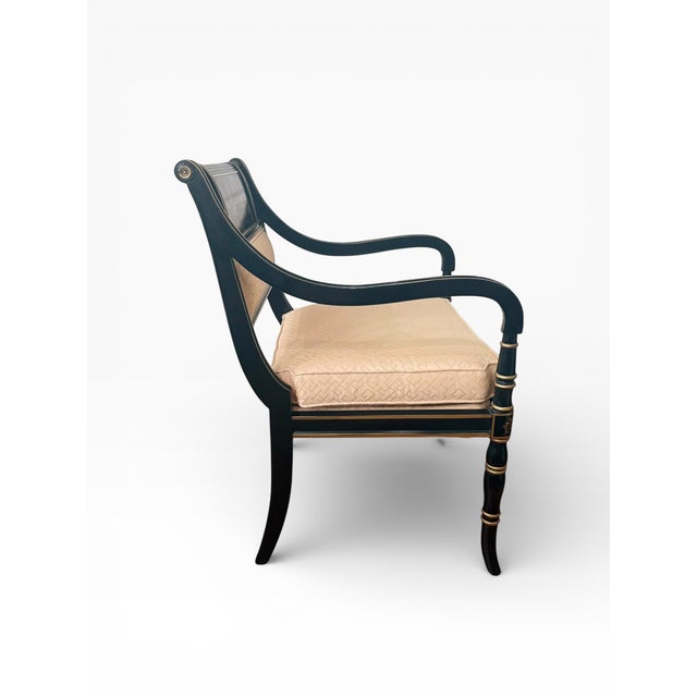 Drexel Heritage Pair of Drexel Heritage Chinoiserie Regency Armchairs in Ebonized Finish With Gilt Decoration For Sale - Image 4 of 13