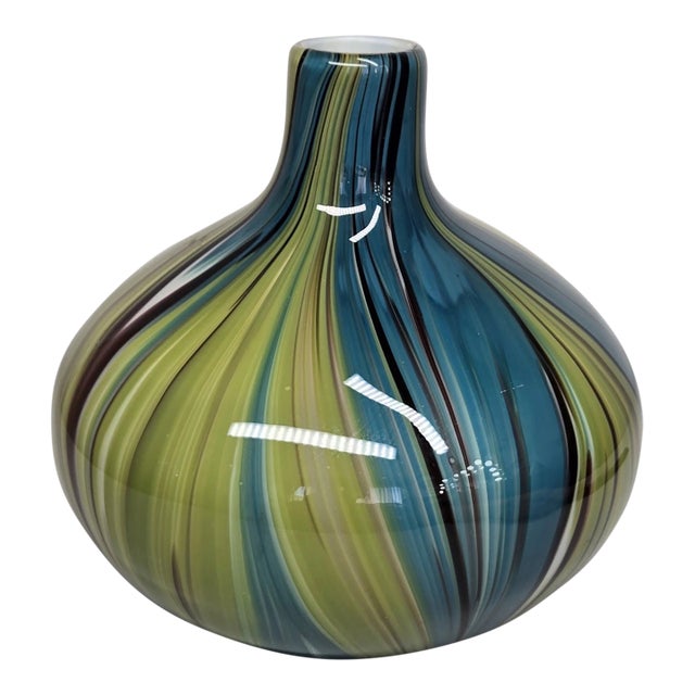 Vintage Murano Style Art Glass Bulb Green Blue Swirl Wave Vase For Sale