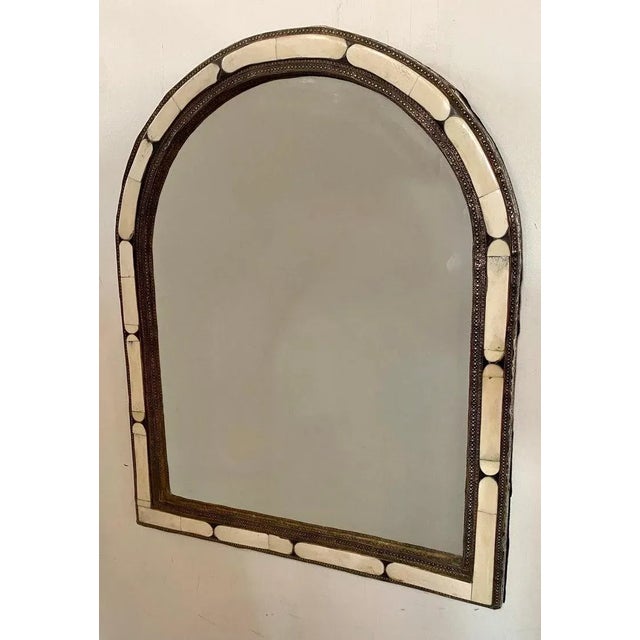 Hollywood Regency Style Handmade Arched White Bone & Brass Inlay Mirror, Pair For Sale - Image 4 of 10