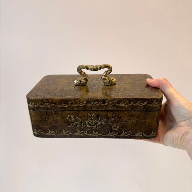 Wood Vintage Lacquered Decoupage Box With Lion Head Handle For Sale - Image 7 of 9