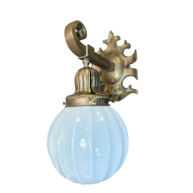 Mid-Century Modern Mid 20th Century Cast Brass and Ribbed Milk Glass Wall Sconces For Sale - Image 3 of 4