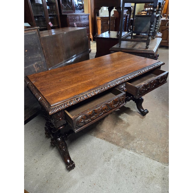 Late 19th Century Antique Oak Heavily Carved Late 19th Century Desk With Barley Twist Legs For Sale - Image 5 of 11