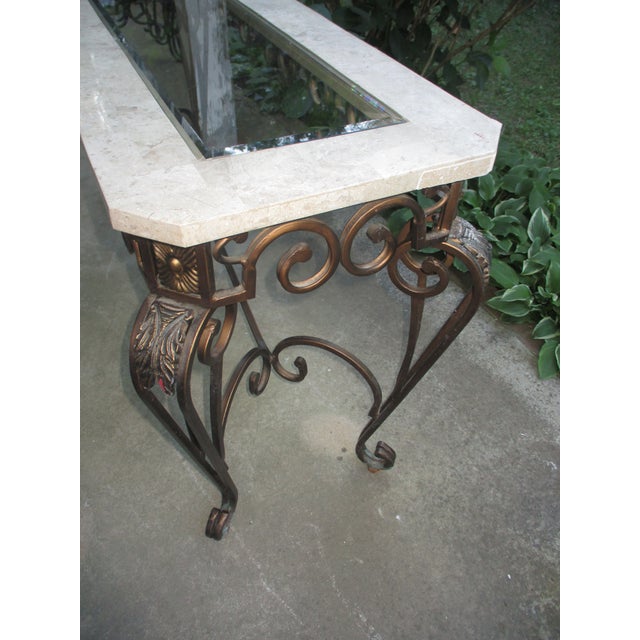 Vintage French Ornate Iron With Marble and Glass Top Console Table For Sale - Image 4 of 18