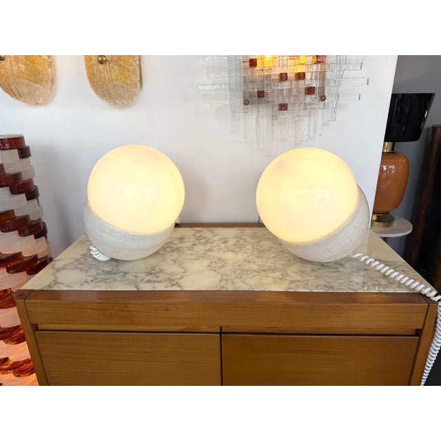 Pair of Travertine and Opaline Glass Culbuto Lamps Italy, 1980s For Sale - Image 11 of 12