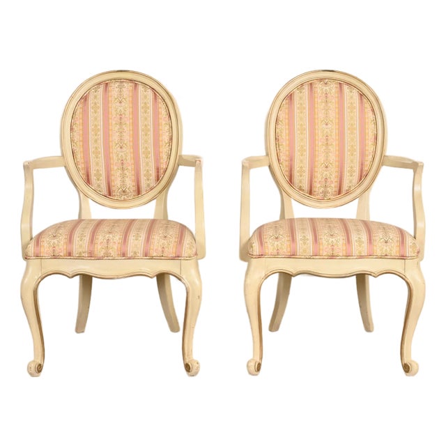 Karges French Provincial Louis XV Cream Lacquered and Gold Gilt Armchairs or Dining Chairs, Pair For Sale