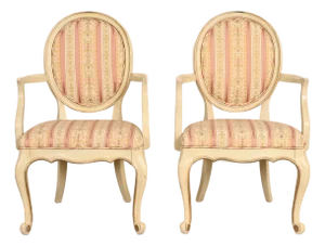 Karges French Provincial Louis XV Cream Lacquered and Gold Gilt Armchairs or Dining Chairs, Pair