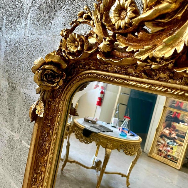 Glass French Style Gold Floral Floor Mirror – 5 Ft Tall Statement Mirror With Gold Leaf and Angel Details For Sale - Image 7 of 8
