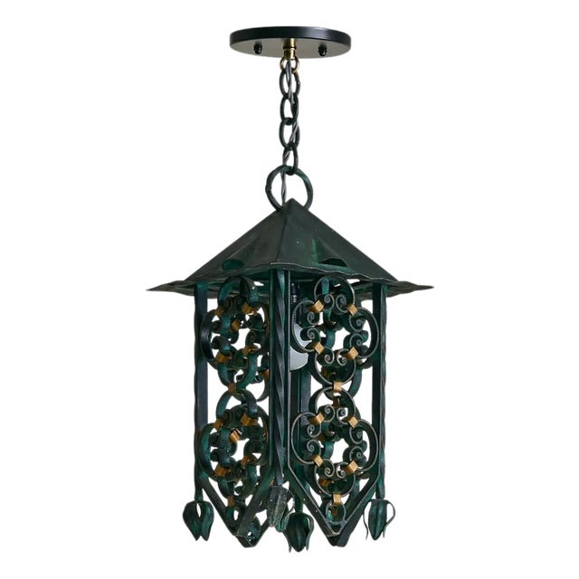 Vintage French Verdigris Wrought Iron Lantern Pendant - 2 Available For Sale