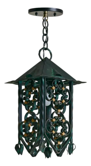 Vintage French Verdigris Wrought Iron Lantern Pendant - 2 Available