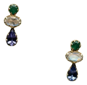 18k Gold, Triple Stone Stud Earrings--Emeralds, Rainbow Moonstone & Tanzanite