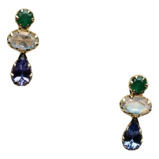 1990s Pair of 18K Gold, Triple Stone Stud Earrings--Emeralds, Rainbow Moonstone & Tanzanite For Sale
