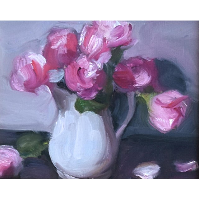 Impressionist Floral Bouquet Displayed in White Ironstone Pitcher Painting Include the Antiqued Gold Wood Frame For Sale - Image 4 of 6