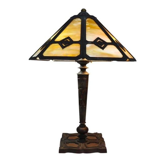 Antique Bradley & Hubbard Arts & Crafts 8-Panel Slag Glass Table Lamp C1920 For Sale - Image 11 of 12