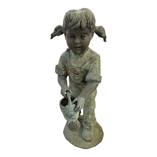 Vintage Bronze Garden Statue Fountain of Young Girl With Watering Can For Sale