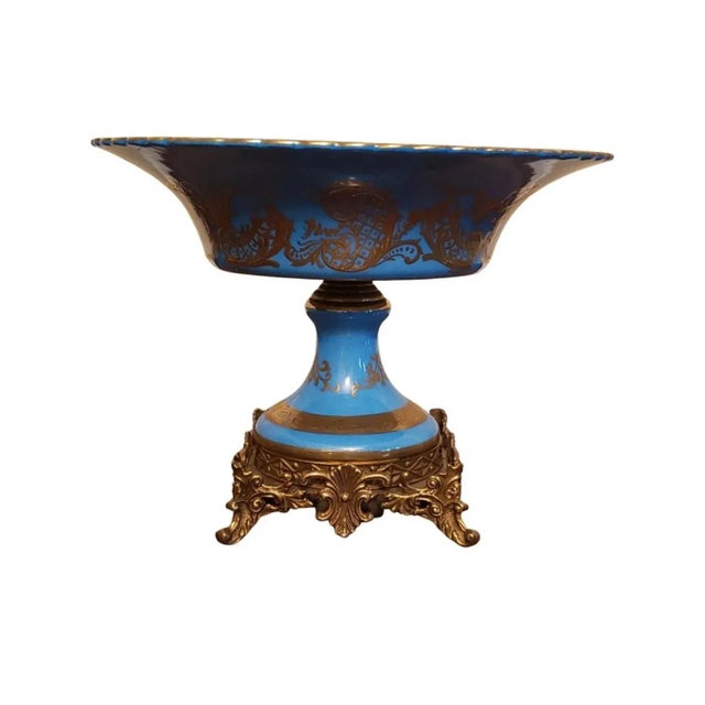 Victorian Pair of Sevres Patinated Metal Mounted Blue Celeste Roman Compotes, 1870s For Sale - Image 3 of 13