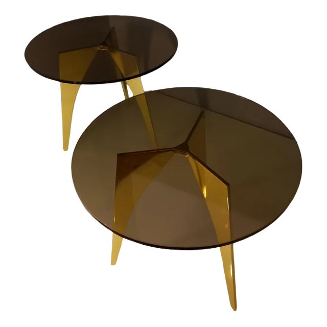 Rotondo Table in Polished Solid Brass and Bronzed Glass For Sale
