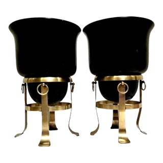 Black Glass Bell Shaped Jardiniere Urns on Designated Brass Stands With Ring Handles For Sale
