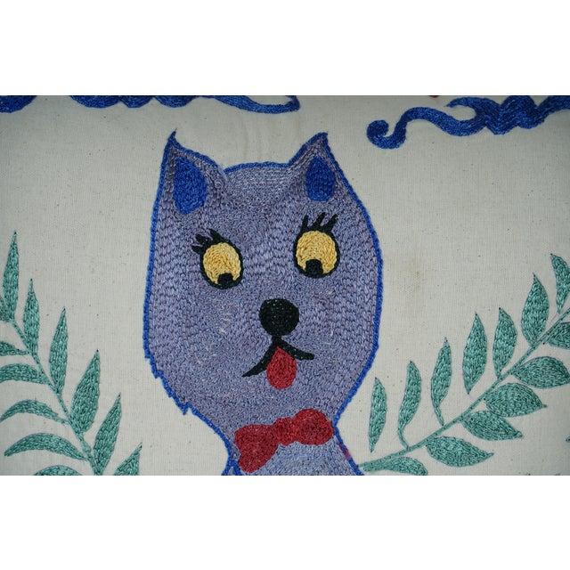 Purple Cat Embroidered Pillow – Suzani Art Cushion For Sale - Image 4 of 5