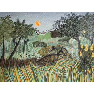 Reaching For the Sun by Andrada Trapnell | Oil on board Monkeys in a lush landscape under the sun For Sale