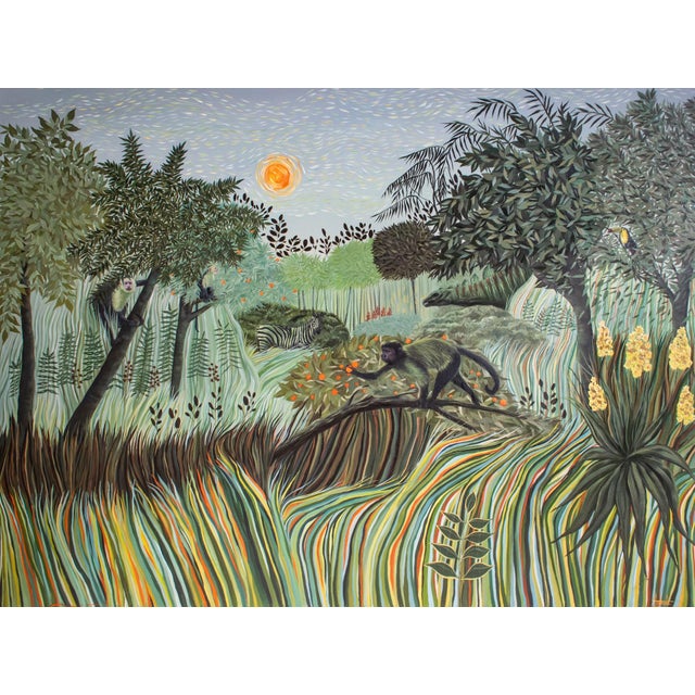 Reaching For the Sun by Andrada Trapnell | Oil on board Monkeys in a lush landscape under the sun For Sale