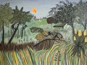 Reaching For the Sun by Andrada Trapnell | Oil on board Monkeys in a lush landscape under the sun
