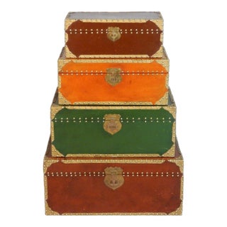 1980s Exotic Brass Nail Head & Enameled Wood Nesting Trunks or Chests For Sale