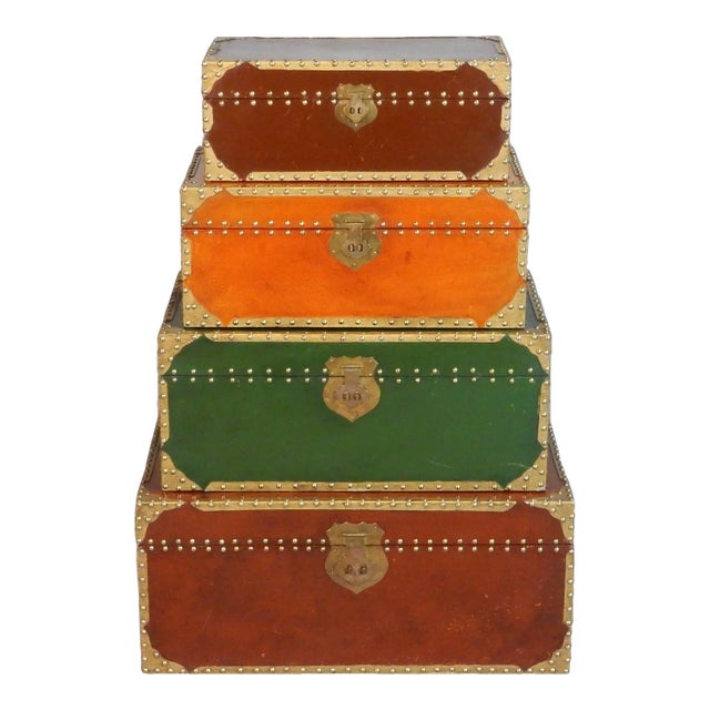 1980s Exotic Brass Nail Head & Enameled Wood Nesting Trunks or Chests For Sale