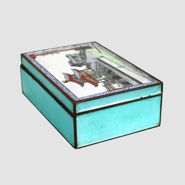 1930s Chinese Scenic Cloisonne Enameled Jewelry Box Unsigned C1930 For Sale - Image 5 of 8