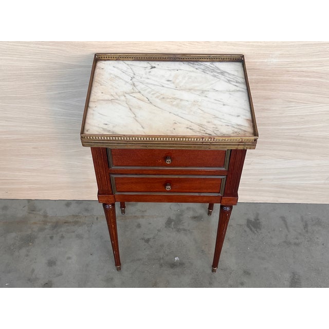 Late 19th Century 20th Century Pair of Louis XVI Style Marble-Top, Bronze and Walnut Nightstands For Sale - Image 5 of 12