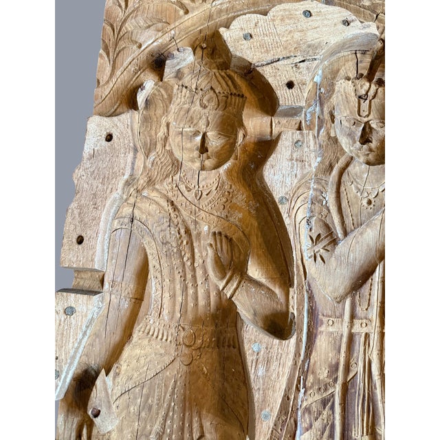 Indian Antique Indian Temple Panel-Hand Carved Wood-Architectural Wall Art 37''-Sacred For Sale - Image 3 of 12