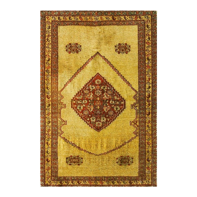 1880s Yellow Saffron Medallion Antique Persian Senneh Rug 2' X 2'10" Handmade Wool Carpet For Sale