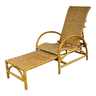 Natural Wicker Lounge Steamer Chair With Pullout Ottoman Extendable Footrest For Sale