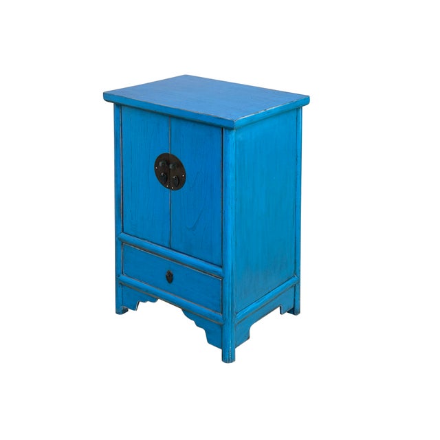1990s Oriental Distressed Cerulean Blue Medallion Hardware End Table Nightstand For Sale - Image 4 of 10