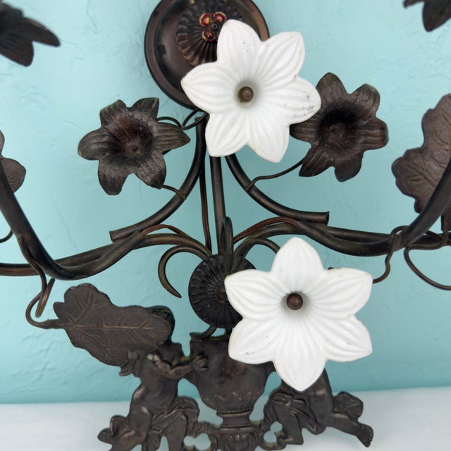 Glass Vintage 7 Light Wrought Iron Wall Sconce With Milk Glass Flowers & Cherub Motif - Matching Sconce Available Separately For Sale - Image 7 of 12