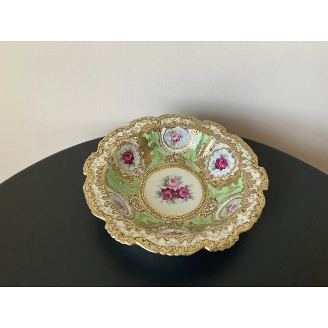 Early 20th Century Hand Painted Gold Nippon Green Floral Victorian Roses Porcelain Bowl, Japan For Sale - Image 12 of 12