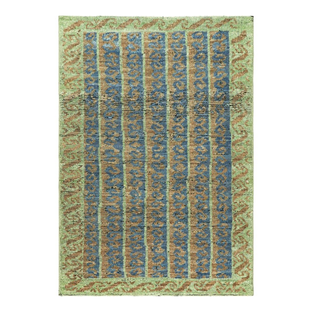 Rug & Kilim’s Tribal Style Rug in Blue, Green, and Beige-Brown Geometric Stripes For Sale