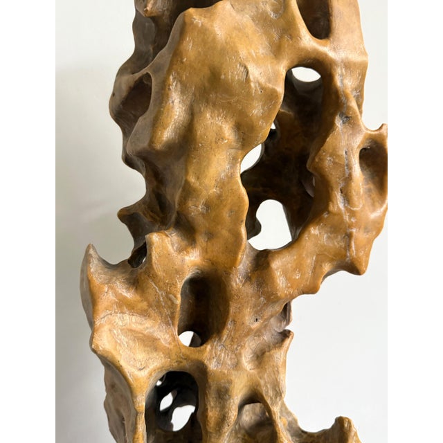 Tall Elegant Chinese Scholar Rock Yellow Taihu Stone on Wood Stand For Sale - Image 10 of 18