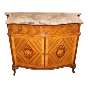 Early 20th Century French Inlaid Marble Top Dresser Chest Server Commode