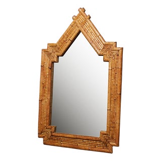 Vintage Tortoise Burnt Rattan Bamboo Wall Mirror For Sale