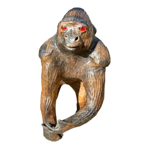 Vintage Brown Leather Wrapped Red Glass Marble Eyed Gorilla Figure Sculpture